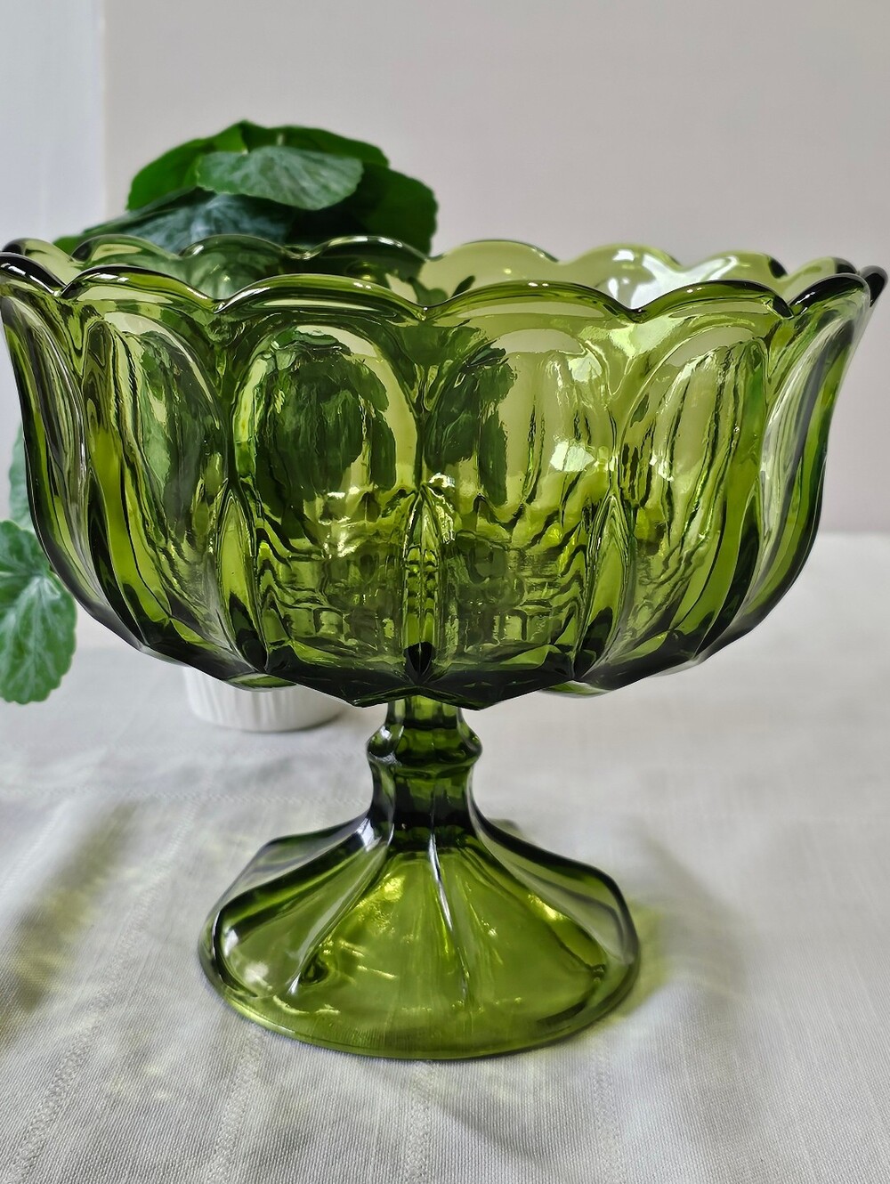 Vintage Olive Green Pressed Glass Pedestal Compote Bowl 9"